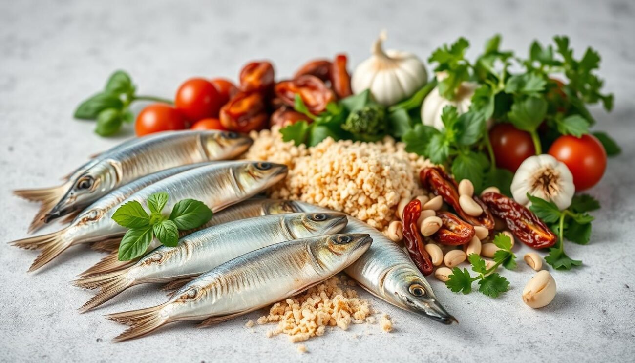 A neatly arranged still life showcasing the key ingredients for traditional Ligurian stuffed anchovies. In the foreground, a selection of fresh, plump anchovies, their delicate silvery scales glistening. Surrounding them, a mix of aromatic herbs - fragrant basil, fragrant parsley, and pungent garlic cloves. In the middle ground, a scattering of breadcrumbs, pine nuts, and sun-dried tomatoes, the building blocks of the signature filling. A neutral background allows the vibrant colors and textures of the ingredients to take center stage, captured in soft, natural lighting that enhances their rustic appeal. An inviting scene that evokes the flavors and traditions of the Ligurian coast.
