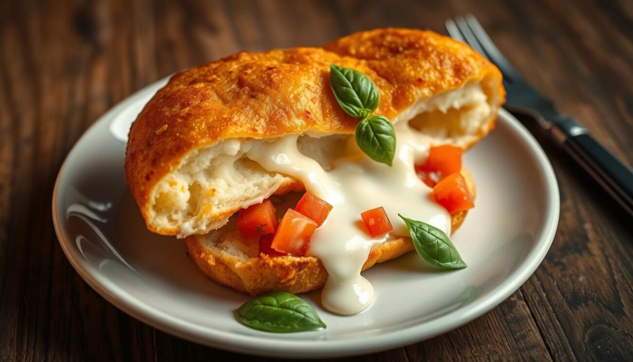 A neatly plated "mozzarella in carrozza" - a golden-brown fried bread filled with melted, stretchy mozzarella cheese. The bread is crisp on the outside, with a soft, fluffy interior. The mozzarella oozes out invitingly, begging to be pulled apart. Diced tomatoes and fresh basil leaves adorn the plate, adding a pop of color and freshness. The lighting is soft and warm, casting a cozy glow over the scene. The camera angle is slightly elevated, providing a tantalizing bird's-eye view of this classic Italian comfort food. The overall mood is one of rustic simplicity and mouthwatering temptation.