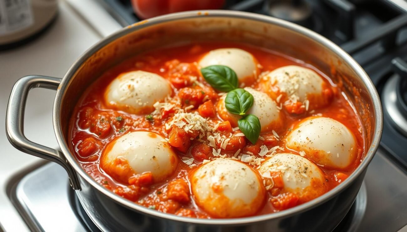 A nourishing sugo (tomato sauce) simmers gently on the stovetop, its rich aroma filling the kitchen. Fresh Roma tomatoes, sautéed onions, and aromatic herbs meld together in a vibrant, glistening sauce. Garlic and a touch of red wine add depth and complexity to the flavors. The sauce cooks low and slow, developing a velvety texture that will coat each supplì (fried rice croquette) with its savory essence. Soft, creamy mozzarella cheese waits to be melted into the warm sugo, creating the iconic "telefono" (telephone) effect as the stringy cheese stretches between each bite. A dusting of grated Parmesan cheese and a sprinkle of fresh basil leaves complete this classic Roman dish, ready to be enjoyed as the centerpiece of a satisfying meal.