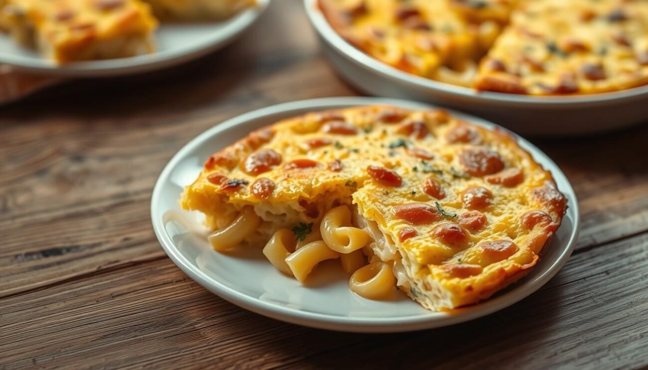 A perfectly cooked frittata of macaroni, its golden-brown surface glistening under soft, warm lighting. The dish is presented on a rustic wooden table, with a simple white ceramic plate as the backdrop. The frittata is sliced, revealing its fluffy, egg-bound interior, studded with tender pasta and hints of savory herbs. The composition exudes a comforting, homemade atmosphere, inviting the viewer to imagine the satisfying flavors and textures of this classic Italian antipasto. A subtle vignette effect creates a sense of depth and focus, drawing the eye to the central dish. The overall mood is one of simple, honest cooking, capturing the essence of this beloved comfort food.