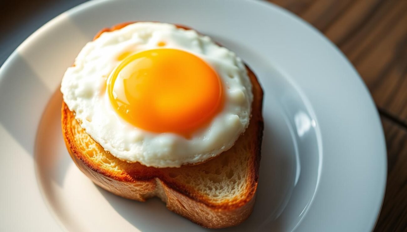 A perfectly cooked sunny-side up egg, its golden yolk glistening in the warm light, resting atop a slice of crisp toast. The rich, creamy texture of the egg contrasts with the toasted crunch of the bread, creating a harmonious balance of flavors. Captured from a high angle, the image showcases the classic simplicity and elegance of this beloved Italian dish, "uovo in padella," the essential element of the Zuppa alla Pavese. Soft, diffused lighting bathes the scene, evoking a sense of comfort and homemade nourishment.