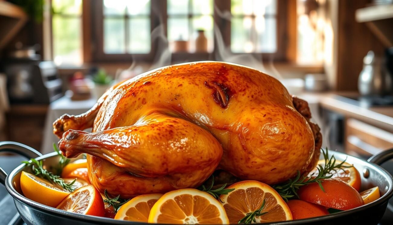 A perfectly golden-brown roasted duck, its crispy skin glistening in the oven's warm light. The bird rests on a bed of aromatic herbs and sliced oranges, their vibrant hues complementing the duck's rich color. Wisps of fragrant steam rise from the pan, beckoning the senses. The scene is framed by a rustic, country-style kitchen, with natural light filtering in through large windows. The overall atmosphere is one of culinary elegance and homey comfort, inviting the viewer to imagine the irresistible flavors of this classic Venetian dish.