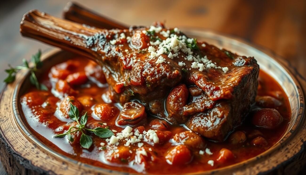 A perfectly seared and tender oxtail, slow-cooked to perfection, glistening in a rich, aromatic sauce. The meat falls off the bone effortlessly, its deep, savory flavors harmonizing with the tangy tomatoes, earthy herbs, and mellow garlic. A sprinkle of grated Pecorino Romano cheese adds a salty, umami punch, while a drizzle of olive oil lends a glossy sheen. This quintessential Roman dish is presented on a rustic wooden surface, illuminated by soft, warm lighting that highlights the dish's inviting textures and colors. The overall scene evokes the comforting, homespun essence of traditional Italian cuisine.