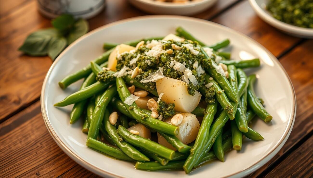 A plate of fresh green fagiolini (green beans) simmered with creamy potatoes, topped with a vibrant pesto sauce made from freshly crushed basil, pine nuts, garlic, and Parmesan. The dish is presented on a rustic wooden table, with a warm, golden lighting creating a cozy, homemade atmosphere. The fagiolini glisten with the pesto's glossy sheen, inviting the viewer to savor the authentic flavors of traditional Ligurian cuisine. The composition highlights the dish's textures and colors, capturing the essence of the "fagiolini con patate e pesto" preparation.