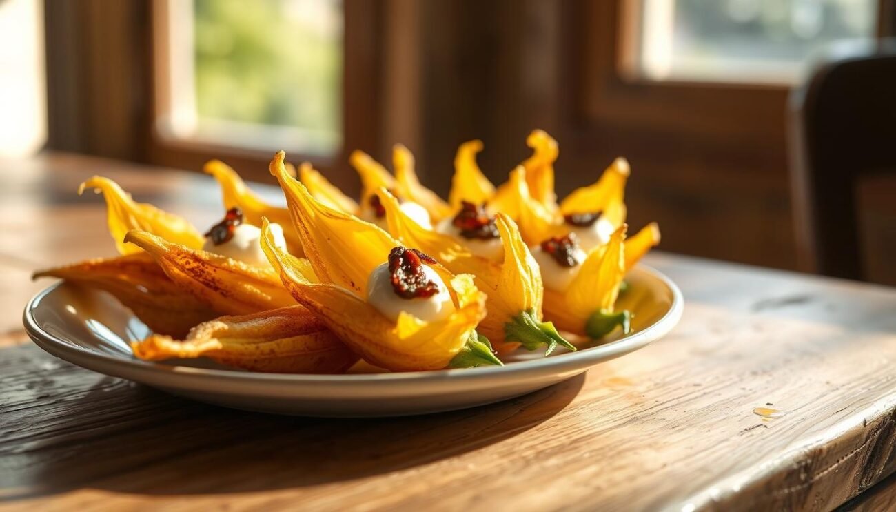 A plate of freshly fried zucchini blossoms, delicately battered and golden-brown, sits on a rustic wooden table. The blossoms are filled with a creamy, melted mozzarella and topped with a salty, savory anchovy. The light from a nearby window casts a warm, natural glow, highlighting the intricate petals and the glistening oil on the crisp exterior. The scene evokes the sun-drenched Italian countryside, where these beloved antipasti are a summertime staple. The viewer can almost smell the aroma of the fragrant, fragile flowers and feel the satisfying crunch with each bite.