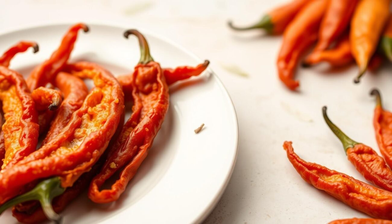 A plate of peperoni cruschi, the iconic crispy fried peppers from the Lucanian region of Italy. The peppers are carefully arranged, their reddish-orange hues contrasting against the pale ceramic backdrop. The lighting is soft and natural, highlighting the delicate textures and the subtle curls of the peppers. The composition is balanced, with the peppers occupying the foreground and the middle ground, leaving a clean, uncluttered background. The overall mood is one of rustic simplicity, inviting the viewer to imagine the savory crunch and the complex flavors of this traditional Lucanian delicacy.