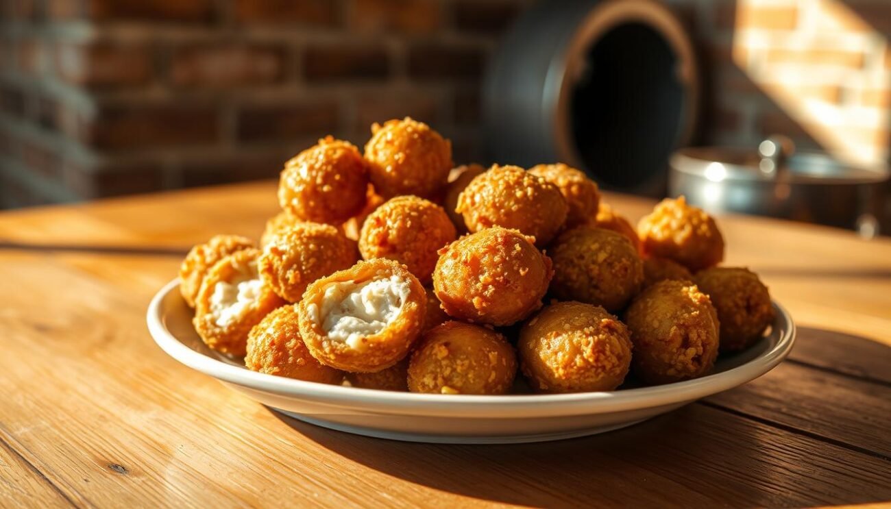 A plate of plump, golden-fried olive all'Ascolana, their crisp exteriors giving way to a savory, cheesy filling. The olives are nestled on a wooden table, illuminated by warm, natural lighting that casts soft shadows. In the background, a vintage, brick-walled setting evokes the rustic charm of Ascoli Piceno, the Italian town where this traditional dish originates. The composition is balanced, drawing the viewer's eye to the delectable, hand-breaded olives, conveying the mouthwatering essence of this classic recipe.