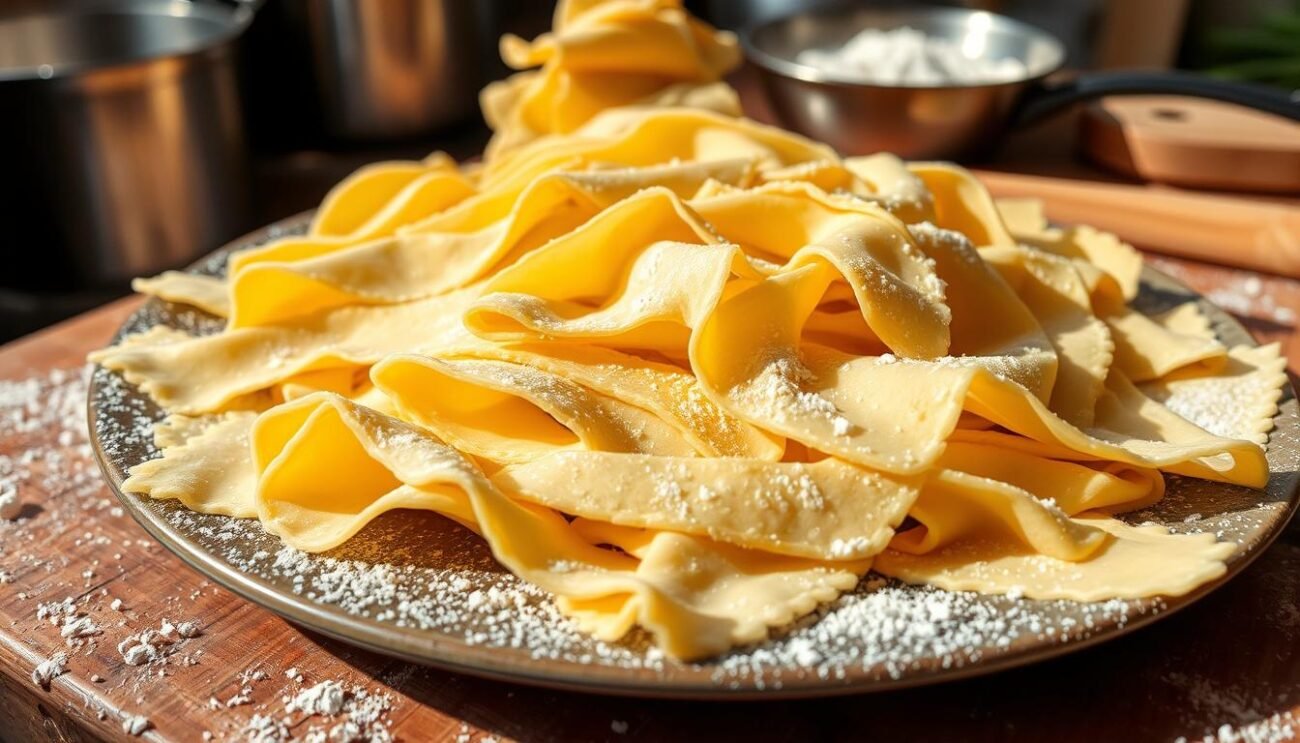 A platter of delicate, homemade sfoglia pasta, handcrafted with care and precision. The thin sheets of dough, dusted with a light layer of flour, lay gently upon a rustic wooden surface, ready to be transformed into the traditional Spoja Lorda, a beloved dish of the Romagna region. The natural lighting casts a warm, golden glow, highlighting the intricate folds and delicate texture of the pasta. In the background, a simple, yet inviting kitchen scene, with hints of traditional Italian cookware and a sense of cozy, family-style preparation.