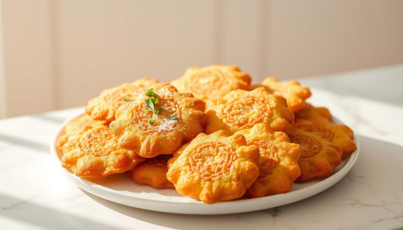 A platter of freshly fried panelle palermitane, golden brown and crispy, sitting atop a white marble surface. The panelle, made from chickpea flour, are arranged in an artful display, with a light dusting of salt and a sprinkling of chopped parsley for garnish. The image is bathed in warm, natural lighting, casting a soft glow and highlighting the delicate texture of the fritters. In the background, a simple, minimalist setting with clean lines and neutral tones allows the panelle to take center stage, showcasing their rustic, authentic appeal.