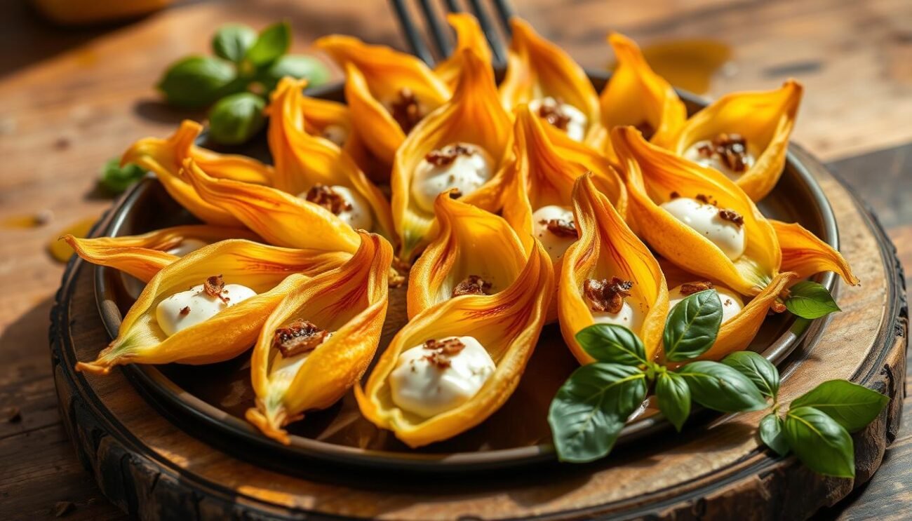A platter of golden-brown, lightly fried zucchini blossoms, their delicate petals gently unfurling. The blossoms are filled with a creamy, melted mozzarella and savory anchovy mixture, creating a delightful contrast of flavors. The arrangement is set against a rustic, wooden surface, with a scattering of fresh basil leaves and a drizzle of olive oil, lending an authentic Italian trattoria ambiance. The lighting is warm and natural, casting a soft glow on the vibrant colors. This scene captures the essence of the classic Italian appetizer, "Fiori di Zucca Fritti," perfectly suited to illustrate the preparation section of the article.