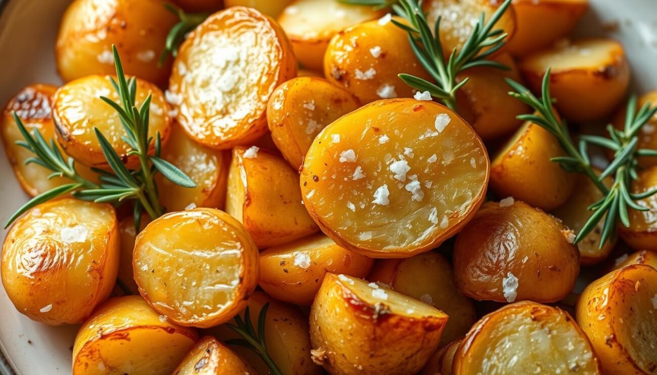 A platter of golden, crisp-edged roasted potatoes, sprinkled with fragrant sprigs of fresh rosemary. The potatoes are lightly dusted with coarse sea salt, creating a delightful contrast between the crunchy exterior and the tender, fluffy interior. Soft natural lighting illuminates the dish, casting a warm, inviting glow. The potatoes are arranged in a rustic, casual manner, evoking the homey, comforting essence of traditional Italian cuisine. This classic side dish is a staple in Italian kitchens, capturing the essence of simple, yet flavorful, home-cooked meals. A platter of golden, crisp-edged roasted potatoes, sprinkled with fragrant sprigs of fresh rosemary. The potatoes are lightly dusted with coarse sea salt, creating a delightful contrast between the crunchy exterior and the tender, fluffy interior. Soft natural lighting illuminates the dish, casting a warm, inviting glow. The potatoes are arranged in a rustic, casual manner, evoking the homey, comforting essence of traditional Italian cuisine. This classic side dish is a staple in Italian kitchens, capturing the essence of simple, yet flavorful, home-cooked meals.