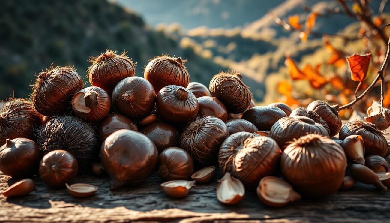 A rich, autumnal still life of roasted chestnuts and porcini mushrooms, set against a backdrop of rugged, forested hills. The earthy, textured fungi and burnished chestnut shells are illuminated by warm, golden lighting, casting soft shadows across the rustic wooden surface. The scene evokes the hearty, comforting flavors of traditional Lazio cuisine, capturing the essence of autumn in the Cimini Mountains. Subtle hints of the surrounding landscape peek through, hinting at the bountiful natural resources of the region. The composition balances the rustic, handcrafted elements with a sense of artful, photographic staging, creating an inviting and visually appealing image.