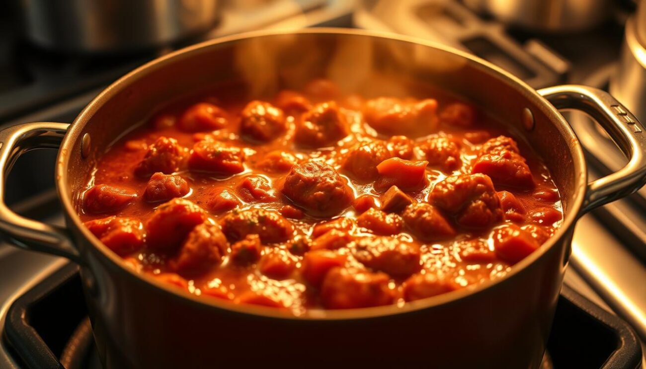 A rich, thick ragù simmers on the stovetop, the aroma of slow-cooked beef, tomatoes, and herbs filling the air. Chunks of tender meat mingle with the velvety tomato sauce, the perfect accompaniment to freshly cooked pasta. Warm lighting casts a golden glow over the scene, highlighting the rich, vibrant hues of the ragù. The image is captured from a low angle, drawing the viewer into the comforting, homemade scene. Subtle steam rises from the simmering pot, adding a sense of warmth and authenticity to the traditional Italian dish.