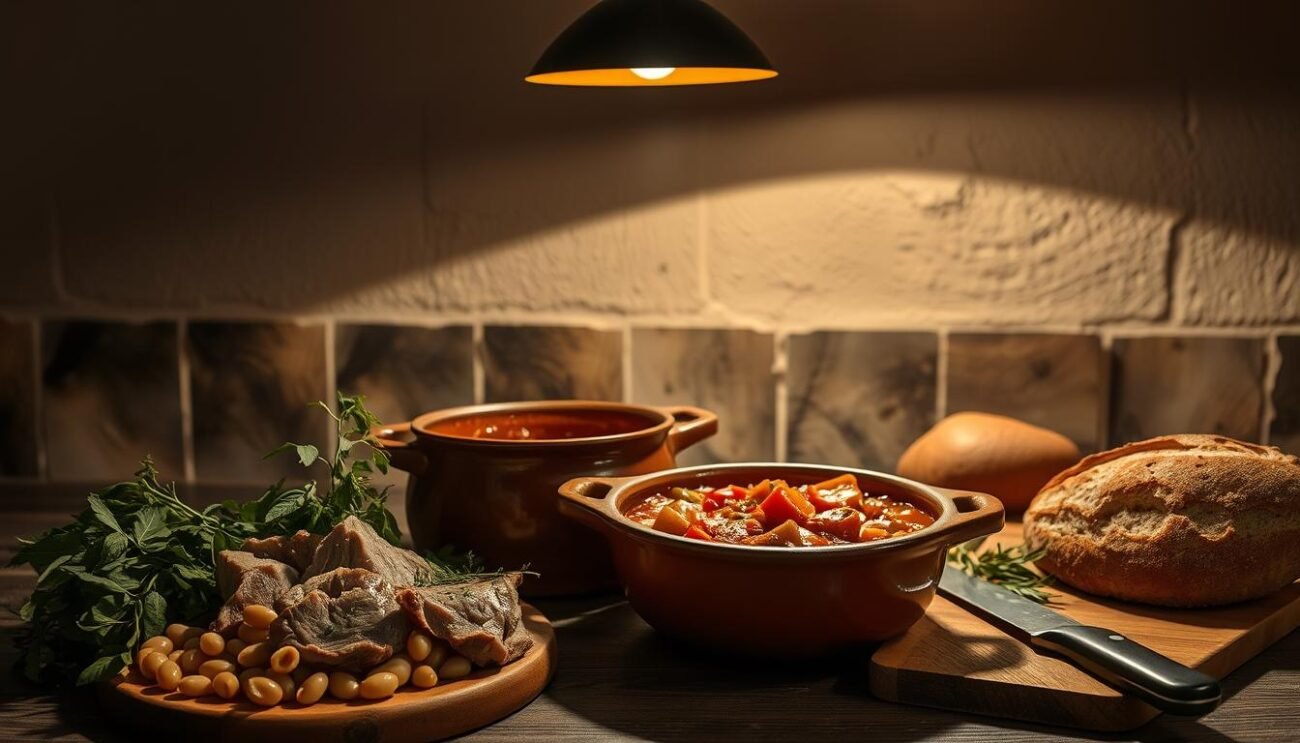 A richly detailed and artfully composed image of a traditional Sardinian stew called "Favata Sarda". The scene depicts a rustic kitchen counter, dimly lit by the warm glow of a single pendant lamp. In the foreground, a large clay pot simmers with a hearty stew, its surface glistening with rendered pork fat. Surrounding the pot are carefully arranged ingredients - fresh fava beans, tender pork shoulder, aromatic herbs, and a crusty loaf of bread. The middle ground showcases a wooden cutting board with a sharp knife, hinting at the preparation process. In the background, shadows play across the walls, creating a cozy, inviting atmosphere reminiscent of a family home. The overall mood is one of comfort, tradition, and the love of good, simple food.
