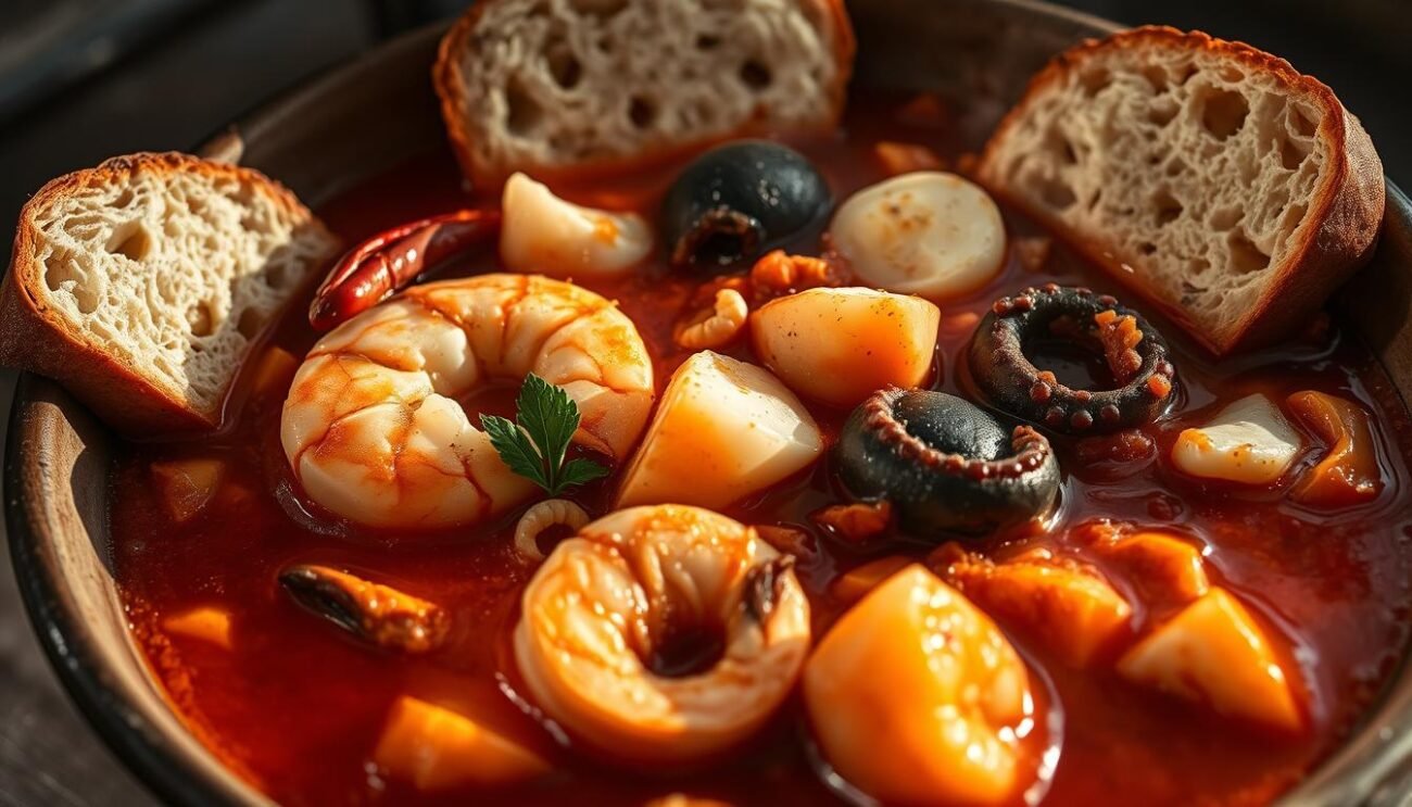 A richly textured bowl of Cacciucco alla Livornese, a classic Italian seafood stew from the coastal city of Livorno. Succulent shrimp, tender white fish, and chewy octopus pieces simmer in a vibrant tomato-based broth, seasoned with garlic, chili peppers, and a hint of wine. Chunky bread slices soak up the flavorful broth, creating a rustic, homemade appeal. Dramatic lighting from the side casts deep shadows, highlighting the stew's rich, vibrant colors and textural contrasts. A crisp, shallow depth of field focuses the viewer's attention on the hearty, steaming dish, evoking the comforting and authentic atmosphere of an Italian trattoria. A richly textured bowl of Cacciucco alla Livornese, a classic Italian seafood stew from the coastal city of Livorno. Succulent shrimp, tender white fish, and chewy octopus pieces simmer in a vibrant tomato-based broth, seasoned with garlic, chili peppers, and a hint of wine. Chunky bread slices soak up the flavorful broth, creating a rustic, homemade appeal. Dramatic lighting from the side casts deep shadows, highlighting the stew's rich, vibrant colors and textural contrasts. A crisp, shallow depth of field focuses the viewer's attention on the hearty, steaming dish, evoking the comforting and authentic atmosphere of an Italian trattoria.