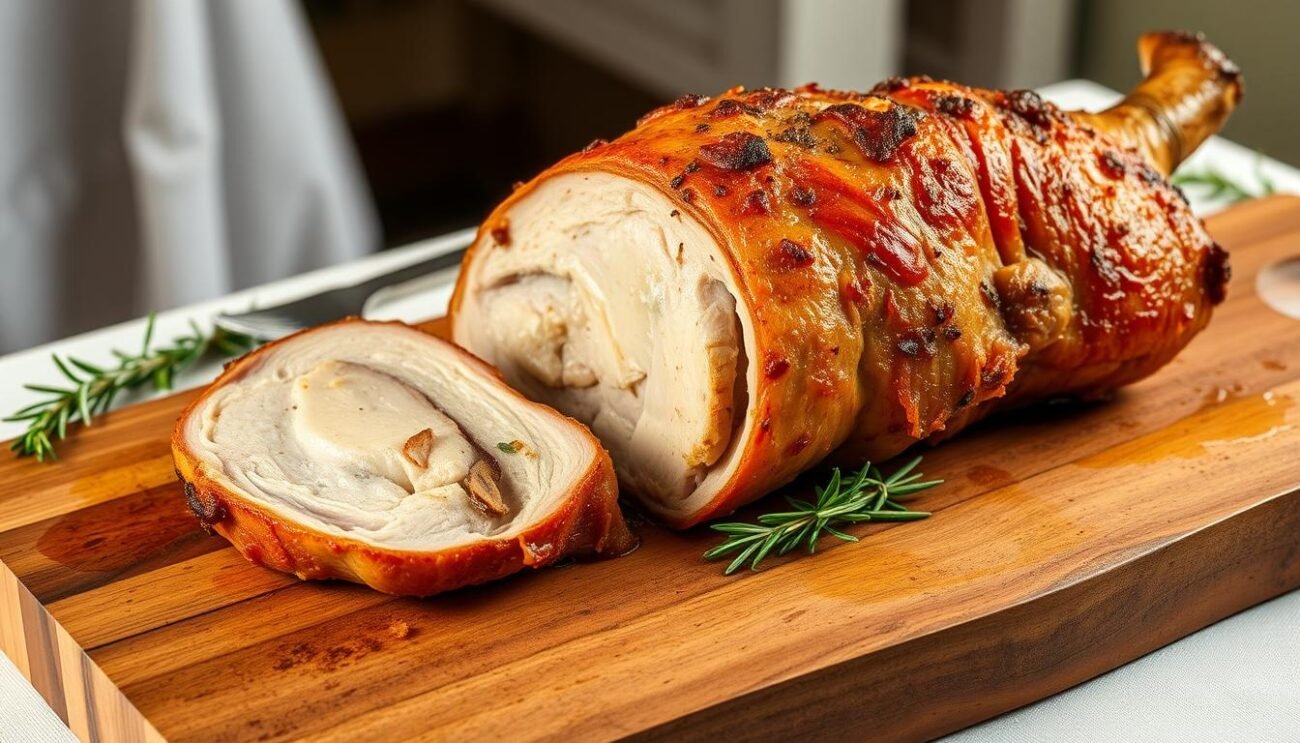A rustic Florentine-style pork roast, its crisp golden crust infused with the aromatic essence of garlic and rosemary. Positioned on a sturdy wooden cutting board, the juicy meat glistens under the soft, warm lighting, inviting the viewer to savor its rich, savory flavors. In the background, a simple yet elegant table setting with a white linen tablecloth and a sprig of fresh rosemary hints at the traditional Italian dining experience. The overall scene captures the timeless allure of this iconic Tuscan dish, with a focus on its authentic, homemade quality.
