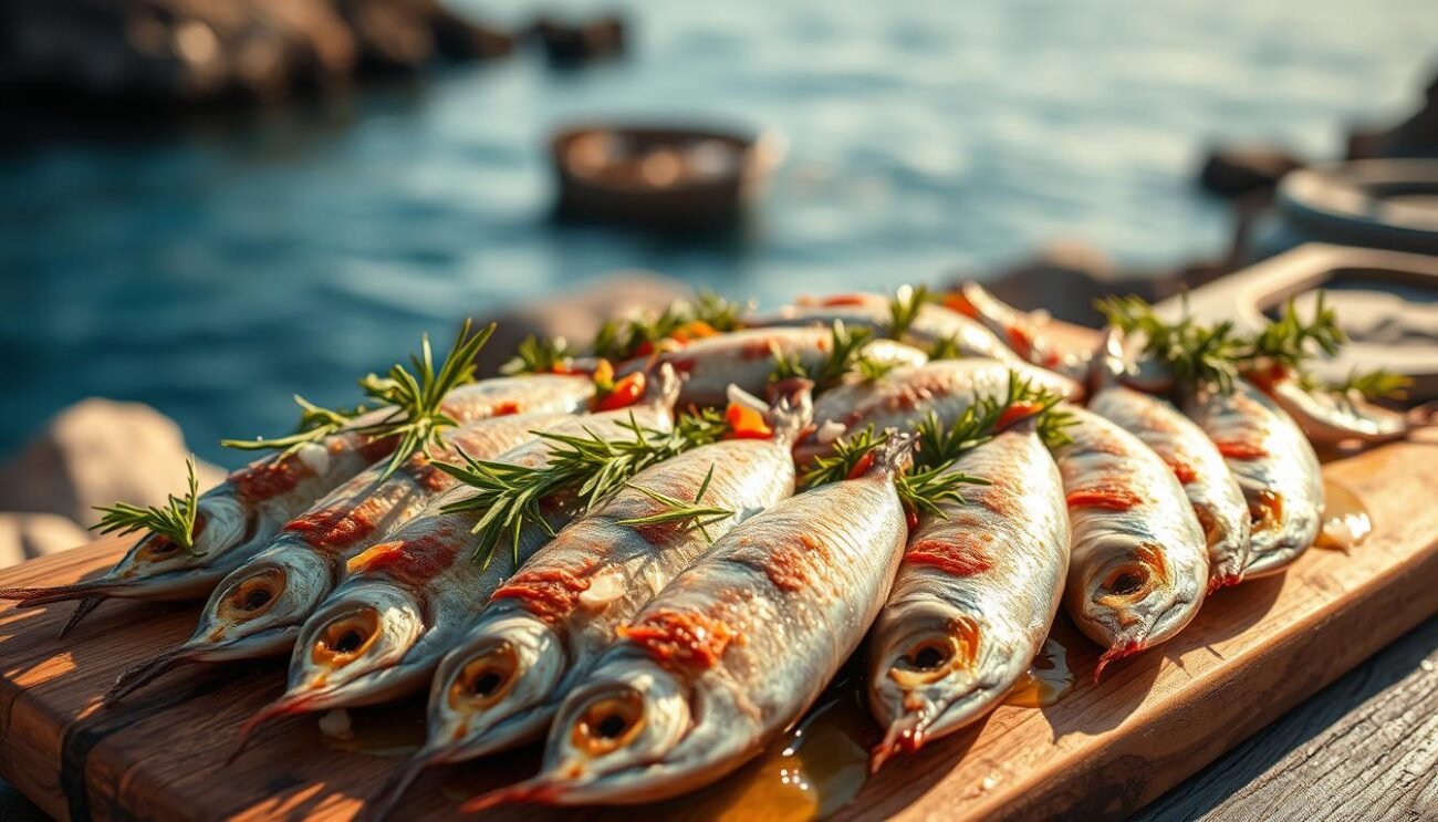 A rustic Italian coastal scene, with a close-up of freshly prepared "acciughe liguri" (Ligurian stuffed anchovies). The anchovies are neatly arranged on a wooden board, their bodies glistening with olive oil and dotted with sprigs of fragrant local herbs - rosemary, thyme, and basil. In the background, a blurred view of the rocky Ligurian shoreline, with the deep blue Mediterranean stretching out to the horizon. The lighting is soft and natural, casting a warm, inviting glow over the scene. The overall atmosphere conveys the simplicity and authenticity of this traditional Ligurian dish.