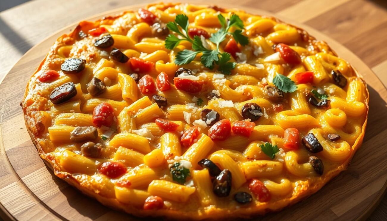 A rustic Italian frittata, a hearty dish made with leftover macaroni. Golden-brown eggs encasing tender pasta, accented with sautéed onions, garlic, and a medley of seasonal vegetables. Grated Parmesan cheese and fresh parsley add depth of flavor. The frittata is presented on a wooden board, casting warm, natural light across the surface. The scene evokes the homely comforts of the Italian kitchen, inviting the viewer to savor the simple pleasures of this versatile antipasto.