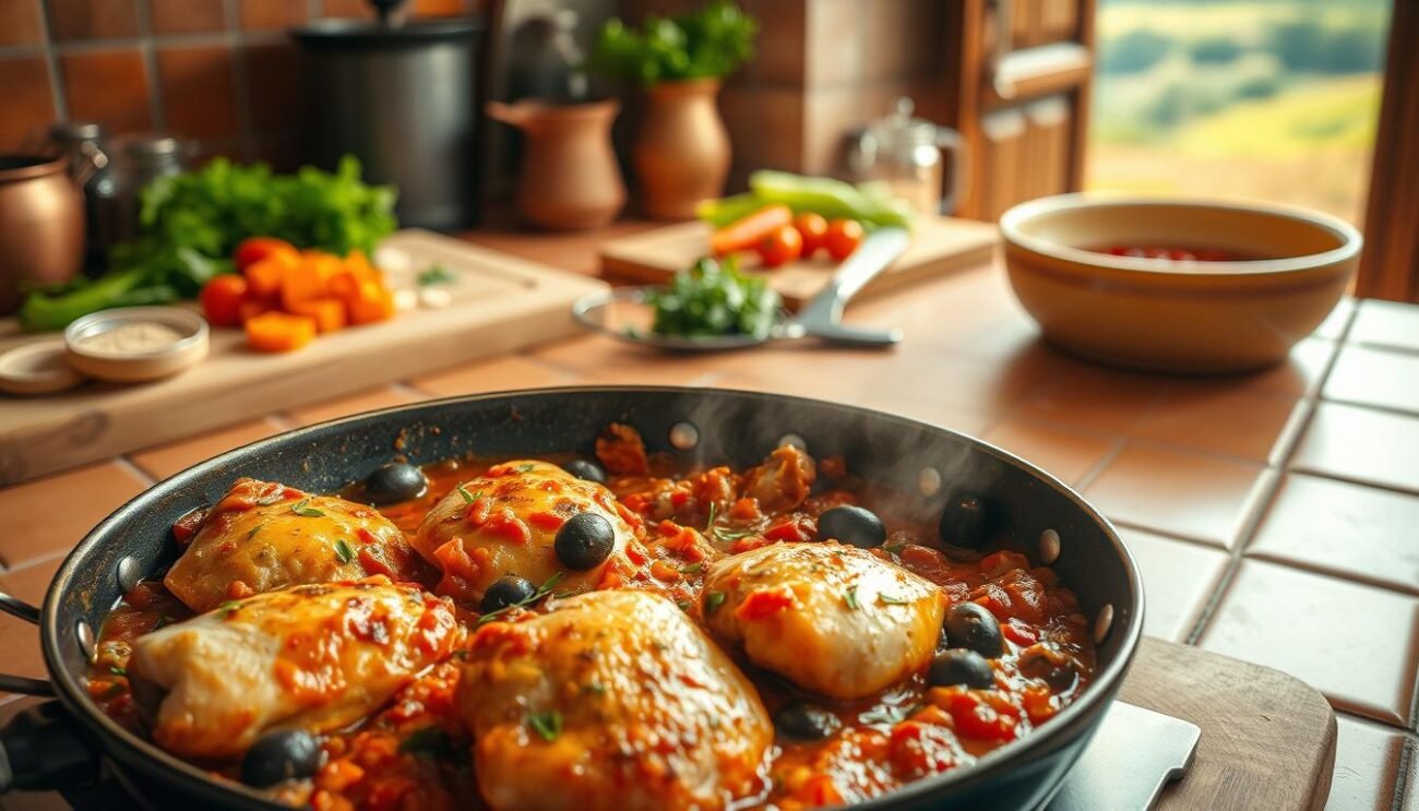 A rustic, Italian kitchen scene featuring a sizzling pan of pollo cacciatora. In the foreground, tender chicken thighs simmered in a rich, tomato-based sauce, dotted with olives and aromatic herbs. The mid-ground showcases freshly chopped vegetables and a cutting board, hinting at the preparation process. In the background, a warm, inviting atmosphere with terracotta tiles, copper pots, and a glimpse of a window overlooking an Italian countryside. The lighting is soft and golden, evoking a sense of comforting homemade meal. The overall mood is one of traditional, regional Italian cuisine, full of flavor and passion.