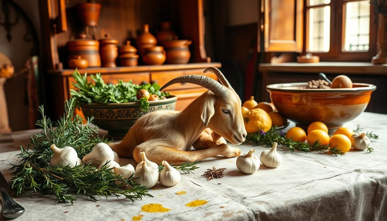 A rustic Italian kitchen table, illuminated by warm natural light filtering through a window. Laid out in the foreground, an assortment of fresh ingredients for the classic Calabrian dish "Capretto alla Calabrese": a young goat, glistening with olive oil, nestled among sprigs of fragrant rosemary, wedges of golden potatoes, and whole garlic cloves. The mid-ground features a vintage ceramic bowl overflowing with local herbs and spices, hinting at the rich, aromatic flavors to come. In the background, a weathered wooden hutch displays an array of earthenware pots and pans, echoing the timeless, homespun nature of this traditional regional cuisine.
