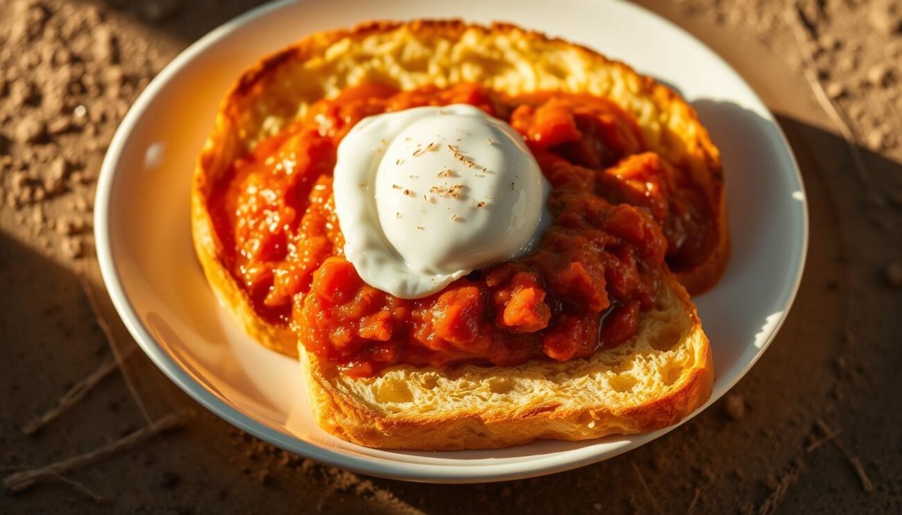 A rustic Italian pane frattau dish, featuring golden-brown slices of carasau bread immersed in a rich, tomato-based sauce, crowned with a perfectly poached egg. The scene is bathed in warm, natural lighting, captured from an overhead perspective, showcasing the dish's textural contrasts and vibrant colors. The background is a minimalist, earthy setting, emphasizing the homemade, traditional qualities of this beloved Sardinian specialty. Precise plating and careful composition elevate the simple ingredients, creating a visually appetizing and authentically Italian culinary masterpiece.
