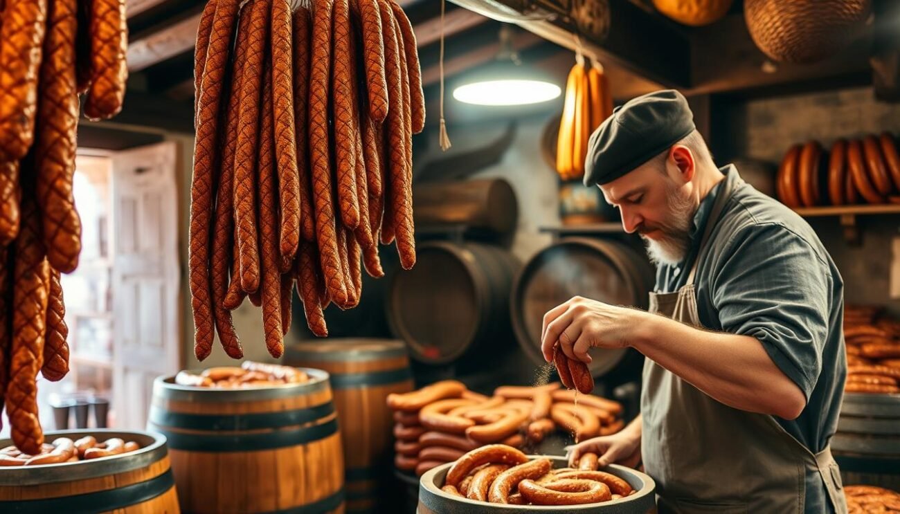 A rustic Italian sausage workshop, with traditional wooden barrels and smokehouses in the background. Salsiccia Sarda sausages hang from the rafters, their rich, earthy tones and intricate textures visible. The lighting is warm and golden, casting a cozy glow over the scene. In the foreground, a master artisan carefully seasons and stuffs the sausages, their skilled hands working with precision. The air is thick with the aroma of smoked paprika, garlic, and curing meats. The overall atmosphere is one of heritage, craftsmanship, and the pride of Italian culinary tradition. A rustic Italian sausage workshop, with traditional wooden barrels and smokehouses in the background. Salsiccia Sarda sausages hang from the rafters, their rich, earthy tones and intricate textures visible. The lighting is warm and golden, casting a cozy glow over the scene. In the foreground, a master artisan carefully seasons and stuffs the sausages, their skilled hands working with precision. The air is thick with the aroma of smoked paprika, garlic, and curing meats. The overall atmosphere is one of heritage, craftsmanship, and the pride of Italian culinary tradition.