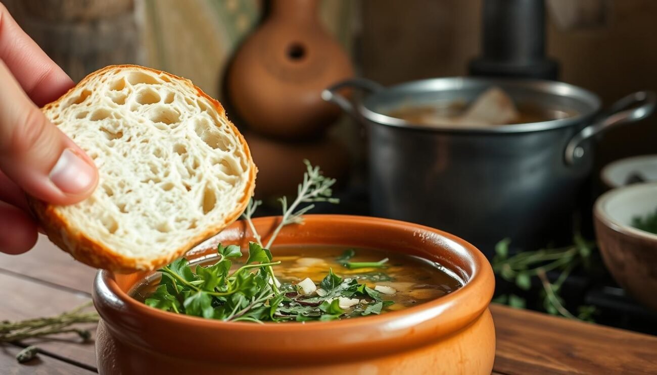 A rustic Lucanian-style dish being prepared in a cozy Italian kitchen. In the foreground, a thick slice of crusty bread is being carefully placed into a large, earthenware bowl. The middle ground features a variety of freshly foraged wild greens and herbs, their vibrant colors and textures contrasting with the simple bread. In the background, a simmering pot of broth bubbles away on a traditional wood-fired stove, filling the air with the savory aroma of the Pancotto Lucano. The lighting is warm and natural, casting a soft glow over the scene. The overall mood is one of homespun, traditional Italian cooking, capturing the essence of this hearty, peasant-style soup. A rustic Lucanian-style dish being prepared in a cozy Italian kitchen. In the foreground, a thick slice of crusty bread is being carefully placed into a large, earthenware bowl. The middle ground features a variety of freshly foraged wild greens and herbs, their vibrant colors and textures contrasting with the simple bread. In the background, a simmering pot of broth bubbles away on a traditional wood-fired stove, filling the air with the savory aroma of the Pancotto Lucano. The lighting is warm and natural, casting a soft glow over the scene. The overall mood is one of homespun, traditional Italian cooking, capturing the essence of this hearty, peasant-style soup.