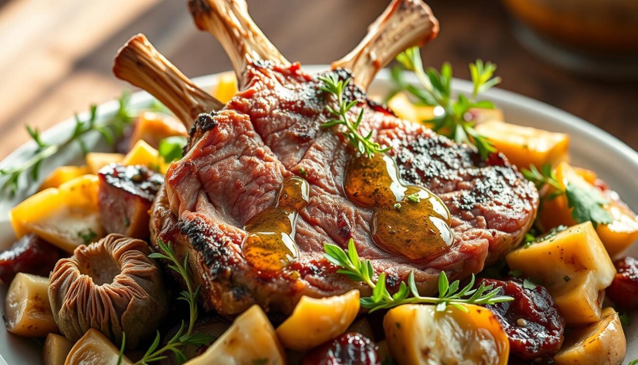 A rustic Sardinian dish featuring a tender rack of lamb nestled amidst a vibrant medley of artichokes, fresh herbs, and a drizzle of golden olive oil. The lamb is seared to perfection, its savory juices mingling with the earthy, slightly bitter notes of the artichokes. The scene is bathed in warm, natural lighting, casting a soft, inviting glow over the scene. The composition features the lamb and artichokes as the focal point, surrounded by a simple, uncluttered background that allows the textures and colors to shine. This image perfectly captures the essence of the Sardinian-inspired "Agnello con Carciofi" recipe, highlighting the seasonal ingredients and traditional cooking methods that define this regional specialty.