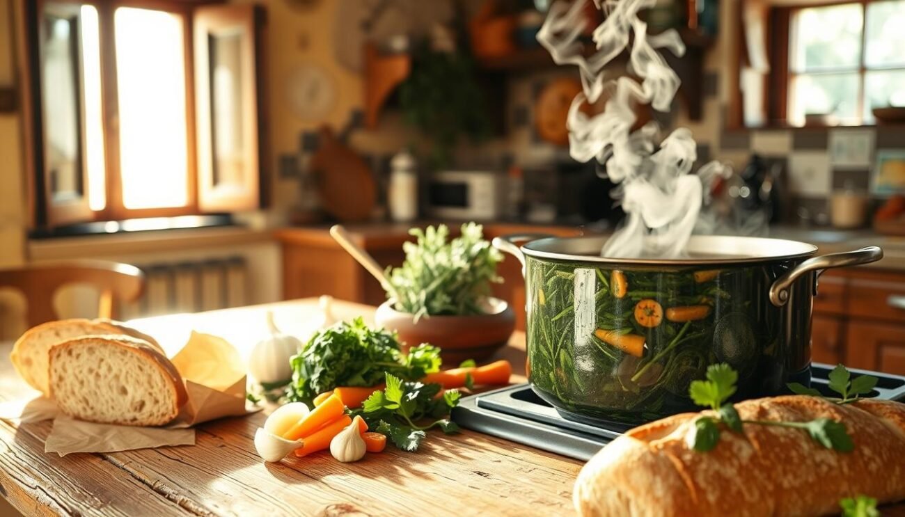 A rustic Tuscan kitchen, sunlight streaming through windows, casting a warm glow on a wooden table. A large pot simmers on the stove, releasing the aromatic steam of cavolo nero, simmering with aromatic herbs and spices. Freshly chopped garlic, onions, and carrots sit nearby, ready to be added to the broth. A crusty loaf of bread waits patiently, its crust glistening, ready to soak up the rich, earthy flavors of the hearty soup. The scene exudes the comforting simplicity of traditional Tuscan cuisine, inviting the viewer to imagine the satisfying experience of savoring this nourishing and flavorful zuppa di cavolo nero.