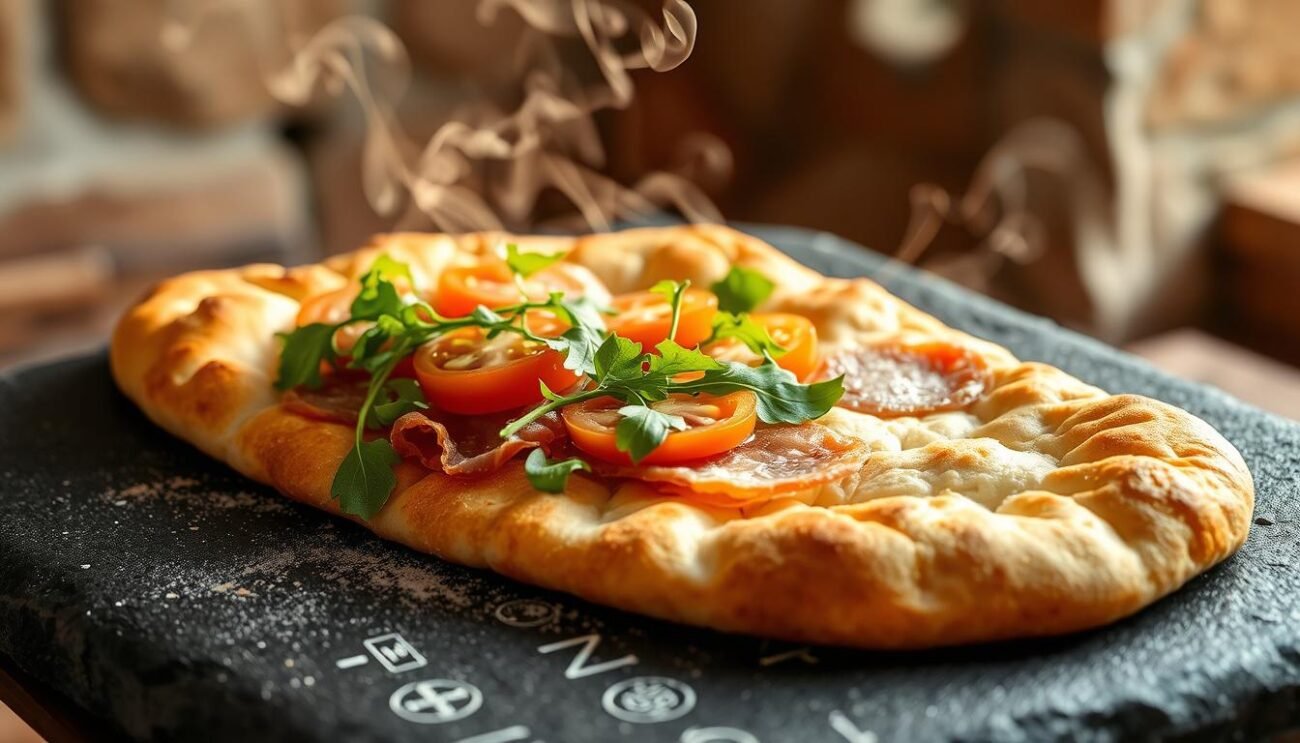 A rustic Umbrian flatbread, freshly baked on a hot stone, its golden crust revealing a soft, pillowy interior. Wisps of fragrant steam rise as the piping hot torta al testo is dressed with cured prosciutto, vibrant sun-ripened tomatoes, and crisp arugula leaves. The scene is bathed in warm, natural light, highlighting the artisanal craftsmanship and the vibrant colors of this iconic regional delicacy. A timeless representation of Umbrian culinary tradition, captured in a moment of inviting abundance. A rustic Umbrian flatbread, freshly baked on a hot stone, its golden crust revealing a soft, pillowy interior. Wisps of fragrant steam rise as the piping hot torta al testo is dressed with cured prosciutto, vibrant sun-ripened tomatoes, and crisp arugula leaves. The scene is bathed in warm, natural light, highlighting the artisanal craftsmanship and the vibrant colors of this iconic regional delicacy. A timeless representation of Umbrian culinary tradition, captured in a moment of inviting abundance.
