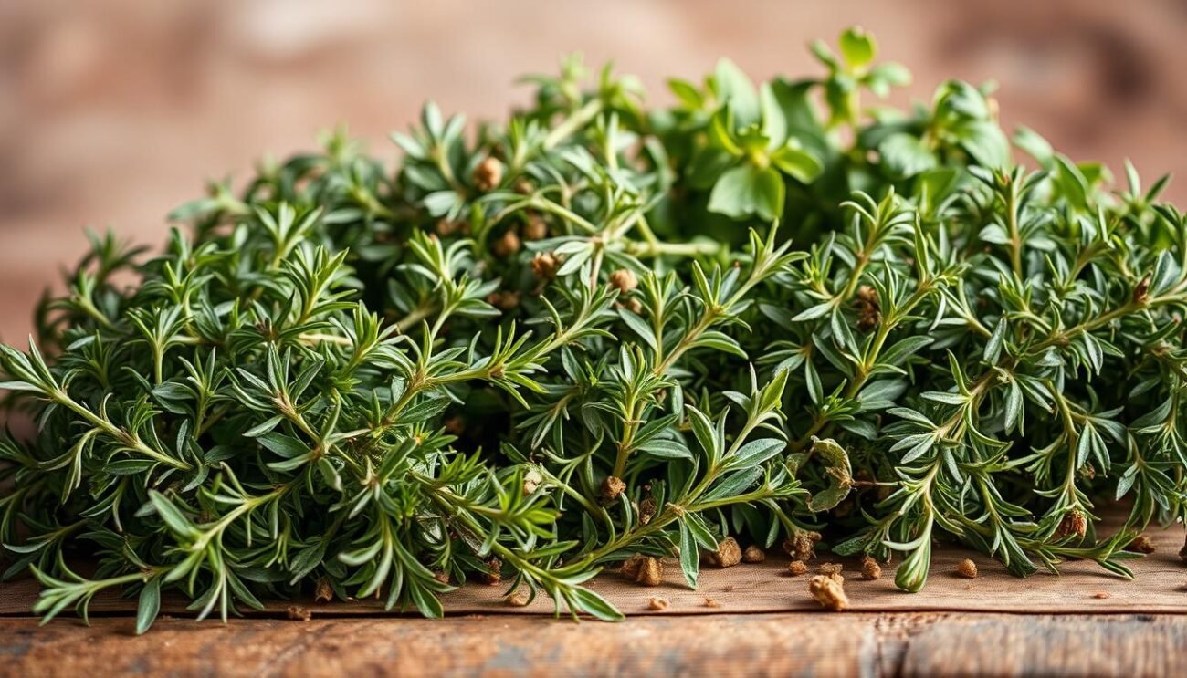 A rustic and earthy composition showcasing an abundance of aromatic herbs. In the foreground, a vibrant assortment of fresh thyme, rosemary, sage, and oregano, their delicate leaves gently illuminated by soft, natural lighting. The middle ground features a weathered wooden surface, hinting at the homemade, homely nature of the dish. In the background, a muted, earthy backdrop suggests the pastoral origins of these fragrant herbs, cultivated with care in a sun-dappled kitchen garden. The overall atmosphere evokes the warmth and simplicity of traditional Italian cuisine, inviting the viewer to imagine the earthy, fragrant aroma of these essential ingredients.