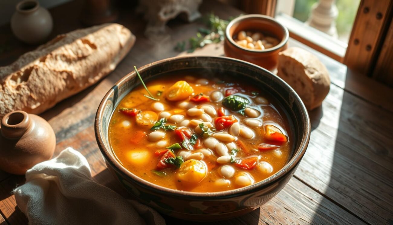 A rustic and hearty Puglian bean stew, "zuppa fagioli occhio" simmers with tender white beans, fresh vegetables, and fragrant herbs. The thick, steaming broth is bathed in a warm, earthy glow as it rests on a worn wooden table, surrounded by simple earthenware bowls and a crusty loaf of bread. Sunlight filters softly through a nearby window, casting gentle shadows across the humble scene. This comforting, homestyle dish evokes the simple pleasures of traditional Italian countryside cooking. A rustic and hearty Puglian bean stew, "zuppa fagioli occhio" simmers with tender white beans, fresh vegetables, and fragrant herbs. The thick, steaming broth is bathed in a warm, earthy glow as it rests on a worn wooden table, surrounded by simple earthenware bowls and a crusty loaf of bread. Sunlight filters softly through a nearby window, casting gentle shadows across the humble scene. This comforting, homestyle dish evokes the simple pleasures of traditional Italian countryside cooking.