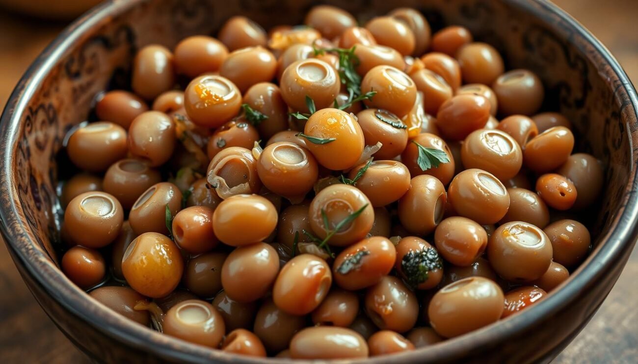 A rustic and hearty bowl of "fagioli con l'occhio" (Borlotti beans), their plump bodies glistening with olive oil, nestled among sautéed onions, garlic, and aromatic herbs. The beans' distinctive white eye-like markings add a whimsical touch to the earthy medley, set against a backdrop of warm, natural tones. Soft, ambient lighting casts gentle shadows, evoking a cozy, homemade feel. The composition invites the viewer to imagine the satisfying texture and flavor of this traditional Puglian dish, a testament to the region's humble, yet nourishing culinary heritage. A rustic and hearty bowl of "fagioli con l'occhio" (Borlotti beans), their plump bodies glistening with olive oil, nestled among sautéed onions, garlic, and aromatic herbs. The beans' distinctive white eye-like markings add a whimsical touch to the earthy medley, set against a backdrop of warm, natural tones. Soft, ambient lighting casts gentle shadows, evoking a cozy, homemade feel. The composition invites the viewer to imagine the satisfying texture and flavor of this traditional Puglian dish, a testament to the region's humble, yet nourishing culinary heritage.