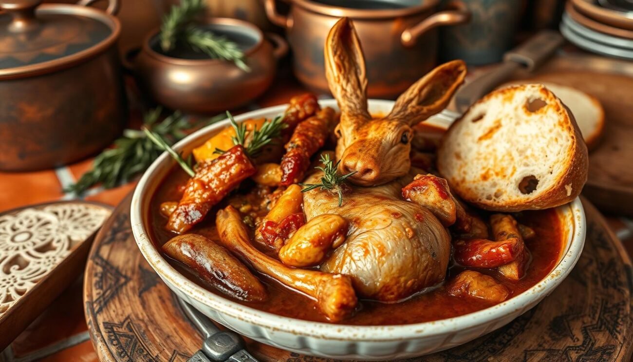 A rustic and hearty dish of "Coniglio alla Cacciatora", a classic Abruzzese rabbit stew simmered in a rich white wine sauce. The rabbit meat is tender, infused with the aroma of rosemary, garlic, and earthy vegetables. The thick, velvety sauce glistens in the warm lighting, inviting you to dip crusty bread and savor every bite. The scene is set against a backdrop of an Italian country kitchen, with terracotta tiles, copper pots, and a weathered wooden table, capturing the homely, traditional essence of this beloved regional specialty.