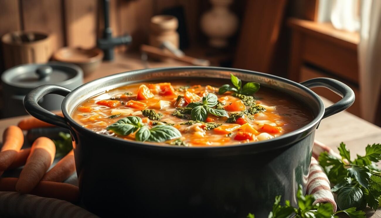 A rustic and hearty minestrone genovese simmering in a large pot, filled with a medley of seasonal vegetables, fresh basil leaves, and a drizzle of vibrant green pesto. The scene is bathed in soft, warm lighting, casting gentle shadows and highlighting the rich, creamy texture of the soup. The composition features the pot in the foreground, surrounded by a selection of seasonal produce - perhaps carrots, zucchini, and leafy greens - artfully arranged in the middle ground. In the background, a glimpse of a cozy kitchen interior, with wooden accents and a simple, inviting atmosphere, hints at the traditional origins and homemade nature of this classic Italian dish.