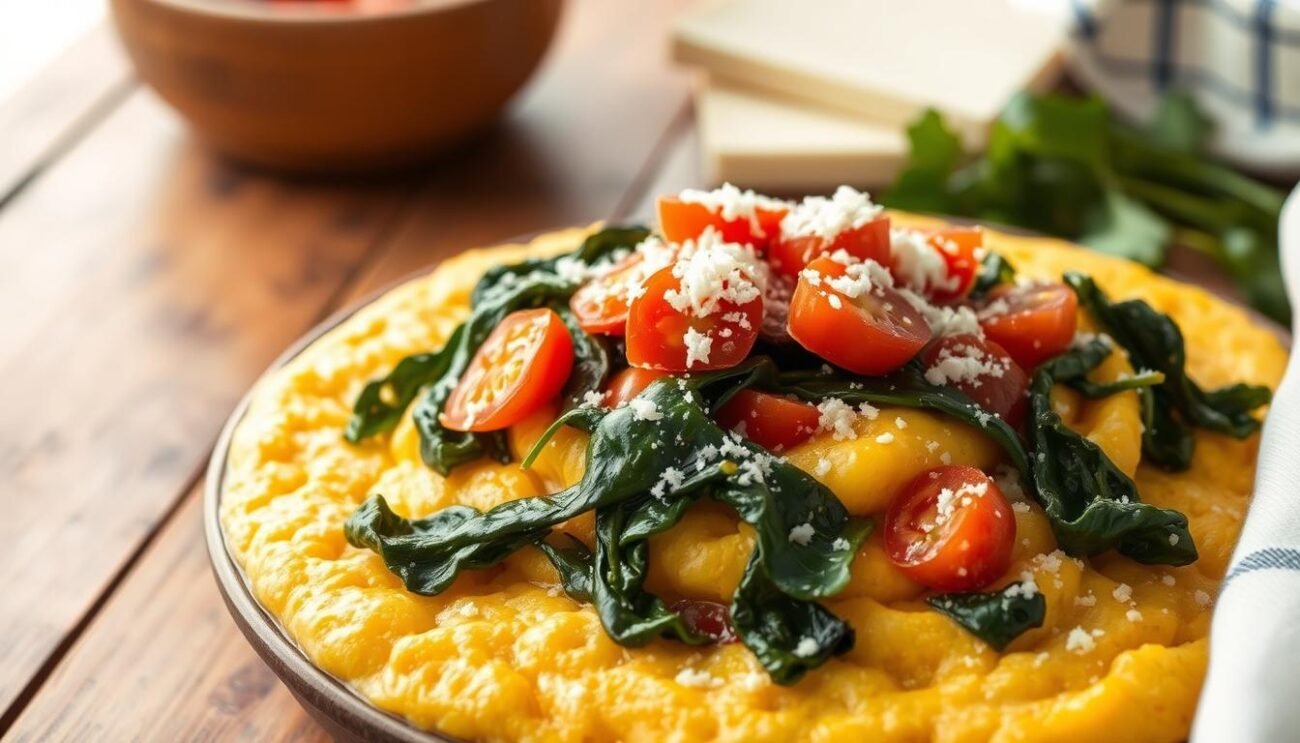 A rustic and hearty polenta dish, Polenta d'Iragna, features a golden cornmeal base topped with sautéed swiss chard, tomatoes, and grated cheese. Set against a backdrop of a simple wooden table, the polenta takes center stage, its creamy texture and savory flavors highlighted by the warm, earthy tones of the surrounding environment. Soft natural light filters in, casting a gentle glow and emphasizing the dish's homemade, comforting quality. The overall scene evokes the traditional flavors and rustic charm of the Molise region, where this ancient recipe has been passed down through generations.