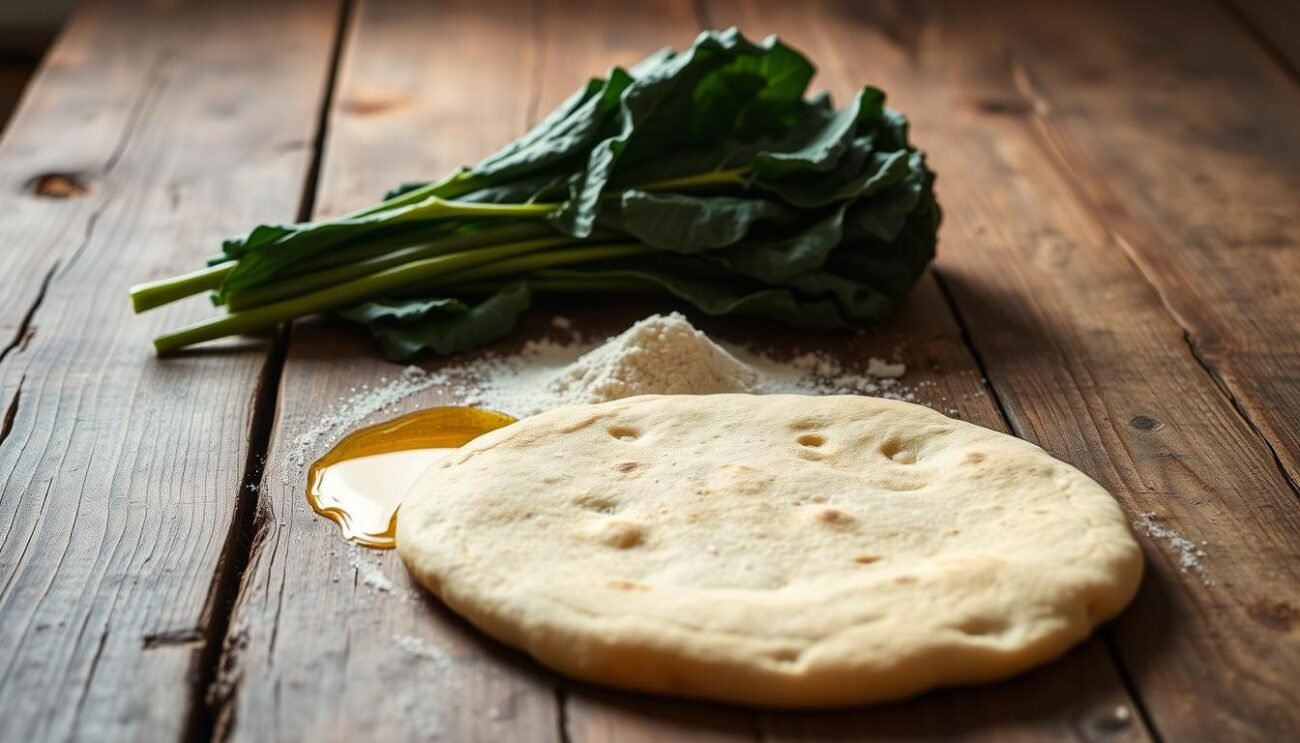 A rustic and humble table, adorned with the essential ingredients for the traditional Farinata di Cavolo Nero from the Lucchesia region. In the foreground, a vibrant bundle of freshly harvested black kale leaves, their deep green hues contrasting against the weathered wooden surface. Beside them, a small mound of coarse, stone-ground flour, evoking the simplicity of this hearty peasant dish. In the middle ground, a drizzle of golden olive oil and a sprinkle of coarse sea salt, the building blocks of this savory flatbread. The scene is bathed in soft, natural light, creating a warm and inviting atmosphere that captures the essence of this rediscovered regional specialty.