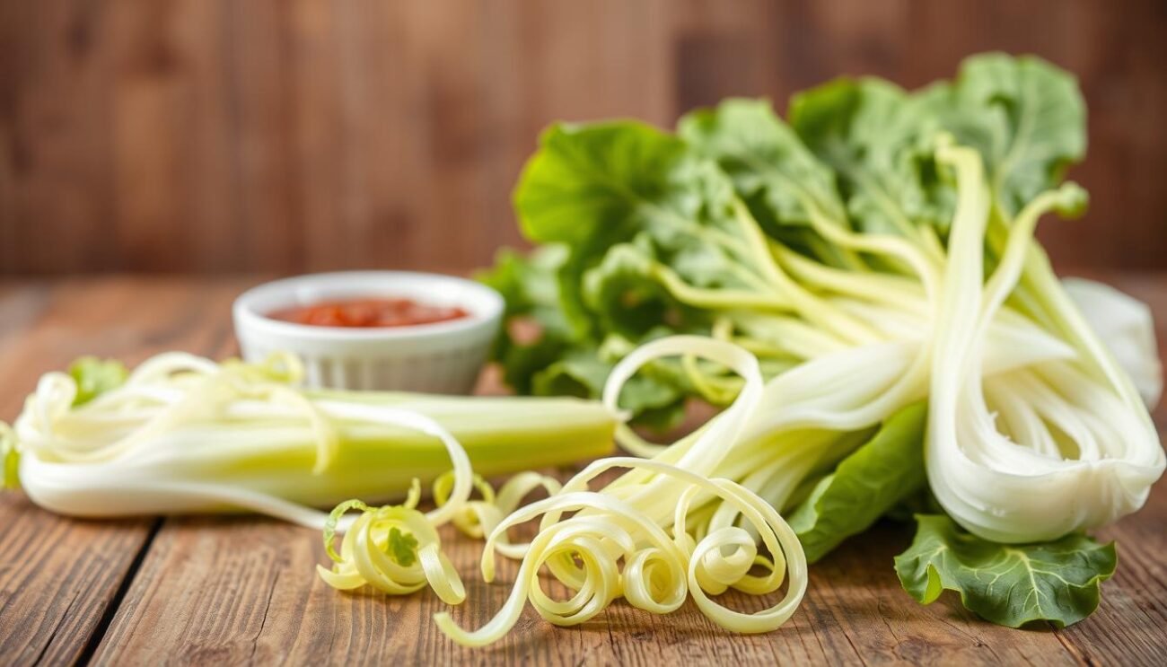 A rustic and vibrant composition showcasing the puntarelle, a unique and leafy Italian chicory. In the foreground, the puntarelle leaves are artfully arranged, their delicate, curled shapes and pale green hues standing out against a wooden background. In the middle ground, a small bowl of savory anchovy and garlic sauce, the perfect accompaniment to the puntarelle. The background features a simple, minimalist setting, allowing the focus to remain on the star ingredients. The lighting is soft and natural, casting a warm glow over the scene and emphasizing the texture and freshness of the puntarelle. The overall mood is one of rustic elegance, capturing the essence of this classic Roman dish.