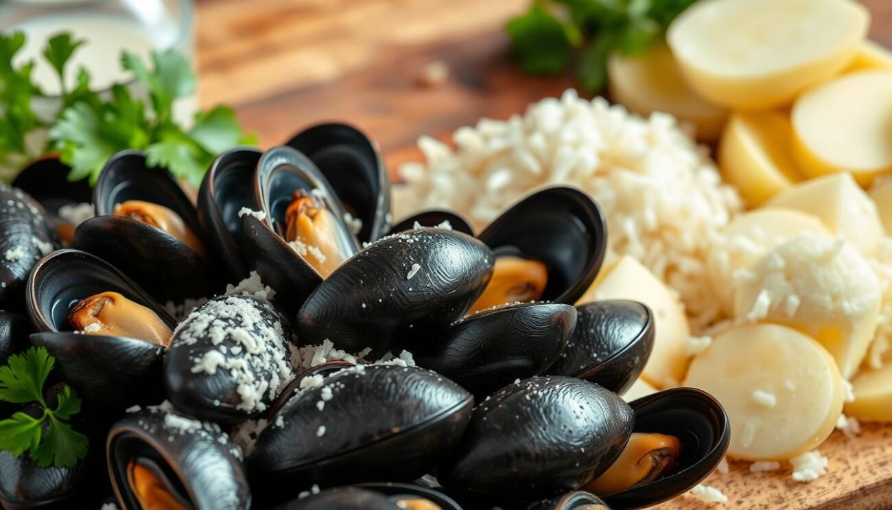 A rustic arrangement of fresh ingredients for the traditional Puglian dish, Tiella di Riso, Patate e Cozze. In the foreground, plump mussels, their shells glistening, nestled among grated Parmesan cheese and sprigs of fresh parsley. In the middle ground, creamy white rice and tender potatoes, sliced and ready to be layered. The background features a wooden cutting board, its worn surface suggesting years of use in the kitchens of Bari. Soft, natural lighting illuminates the scene, casting a warm, inviting glow over the ingredients. The overall composition evokes the simple, yet flavorful, essence of this beloved regional specialty. A rustic arrangement of fresh ingredients for the traditional Puglian dish, Tiella di Riso, Patate e Cozze. In the foreground, plump mussels, their shells glistening, nestled among grated Parmesan cheese and sprigs of fresh parsley. In the middle ground, creamy white rice and tender potatoes, sliced and ready to be layered. The background features a wooden cutting board, its worn surface suggesting years of use in the kitchens of Bari. Soft, natural lighting illuminates the scene, casting a warm, inviting glow over the ingredients. The overall composition evokes the simple, yet flavorful, essence of this beloved regional specialty.