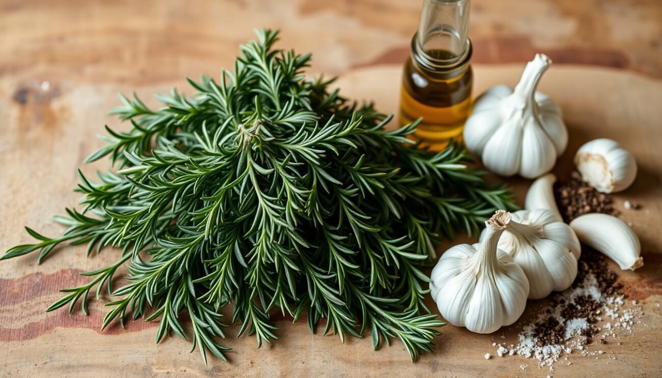 A rustic arrangement of ingredients for the traditional Florentine-style pork loin: a pile of fresh rosemary sprigs, several garlic cloves, olive oil, salt, and pepper. The ingredients are set against a warm, earthy backdrop, perhaps a weathered wooden surface or a natural stone slab, evoking the simple, homey style of Tuscan cuisine. Soft, diffused lighting creates a cozy, inviting atmosphere, highlighting the textural details of the ingredients. The composition is balanced, with the various elements thoughtfully arranged to create a visually appealing and appetizing display.