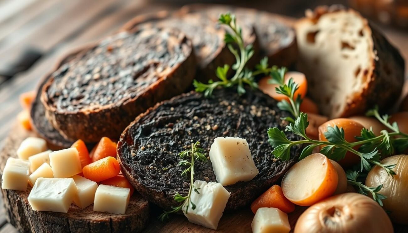 A rustic, artisanal arrangement of the key ingredients for the traditional Valpellinese soup - thick slices of hearty black bread, cubes of rich Fontina cheese, fresh herbs, and a variety of seasonal vegetables including carrots, onions, and potatoes. The lighting is warm and natural, highlighting the earthy tones and textures of the ingredients. The composition is balanced, with the main elements in the foreground and a softly blurred background to emphasize the culinary focus. An authentic, mountainous Alpine atmosphere permeates the scene, inviting the viewer to imagine the comforting, homemade flavors of this iconic Aosta Valley dish.