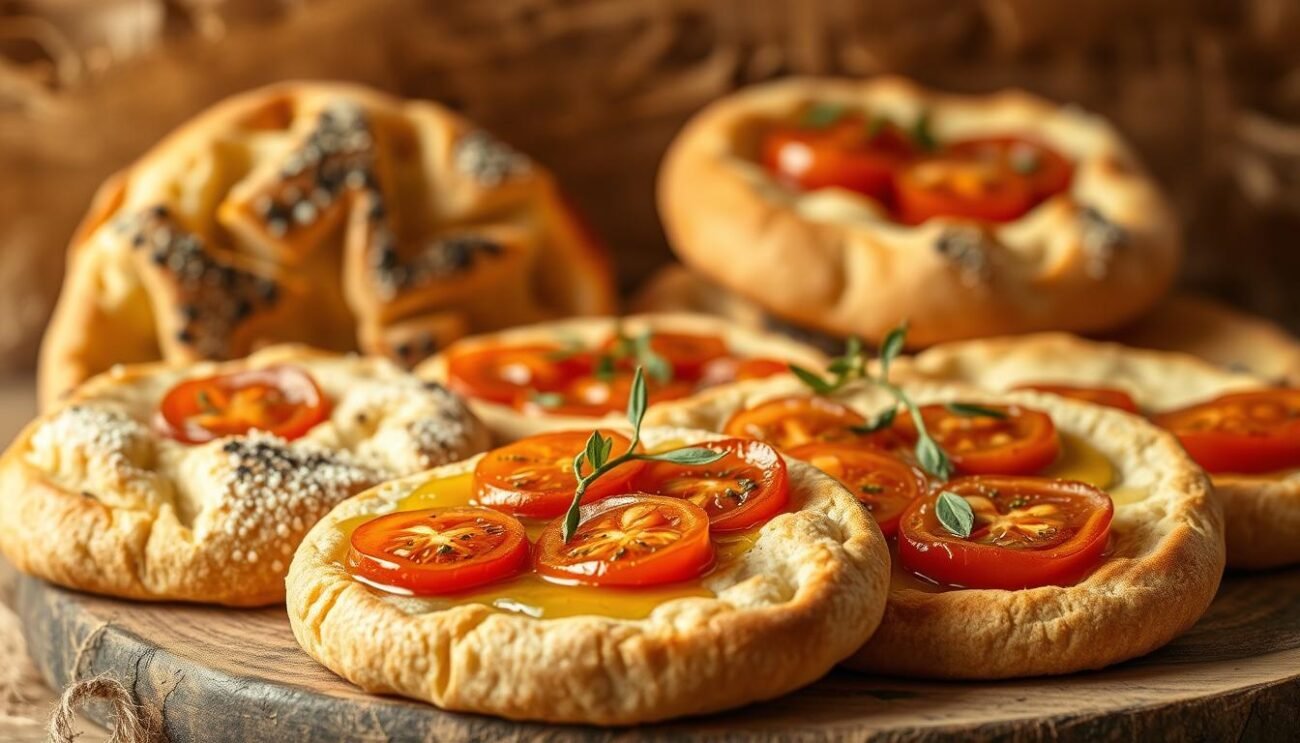 A rustic, artisanal display of traditional Puglian friselle, the ancient twice-baked bread discs. Set against a warm, earthy backdrop, the friselle are showcased in the foreground, their golden-brown crusts glistening under soft, natural lighting. Halved and topped with juicy, vine-ripened tomatoes and drizzles of rich, emerald-green extra virgin olive oil, the friselle evoke the flavors and textures of Italy's Puglia region. The scene captures the timeless tradition and simple pleasures of this iconic regional cuisine, inviting the viewer on a journey through the history and culture of this beloved Italian bread.