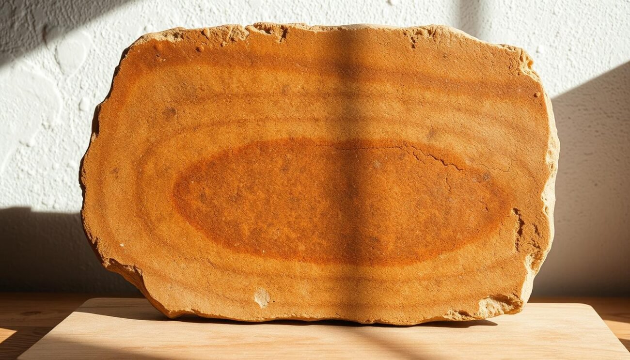 A rustic, artisanal stone baking slab, its surface weathered and textured, stands ready to support the traditional Sardinian bread known as "pane carasau". The slab's earthy hues and rough-hewn appearance evoke the rugged, sun-kissed landscapes of the Italian island. Softly diffused natural light caresses the slab, highlighting its intricate patterns and casting gentle shadows that accentuate its tactile qualities. This essential piece of equipment, crafted from locally sourced "pietra refrattaria", is the foundation upon which the signature crisp, flaky crust of the Sardinian "pane carasau" is masterfully achieved.