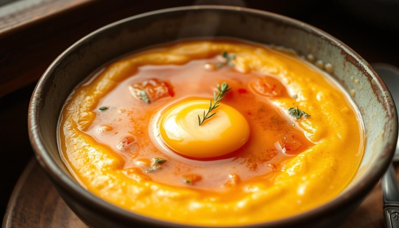 A rustic bowl filled with a hearty, golden-hued Zuppa alla Pavese, its surface gently rippled with a softly cooked egg yolk nestled in the center, surrounded by a pool of rich, fragrant broth. The aroma of slow-simmered vegetables and herbs wafts through the air, setting the stage for a comforting and authentic Lombard dish. The lighting is warm and inviting, casting a gentle glow on the scene, as if captured in a cozy trattoria or family kitchen. The overall composition evokes a sense of tradition, simplicity, and the comfort of a cherished homemade recipe.