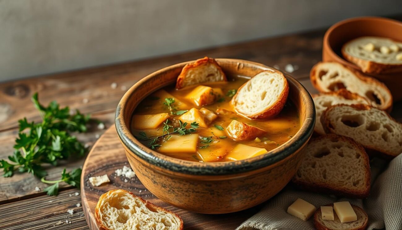 A rustic bowl filled with the aromatic Zuppa Gallurese, a traditional Sardinian dish. The thick broth gently simmers, infused with the flavors of crusty bread, fragrant herbs, and creamy pecorino cheese. The scene is illuminated by soft, warm lighting, creating a cozy, inviting atmosphere. In the foreground, the bowl takes center stage, surrounded by carefully arranged ingredients - slices of bread, grated cheese, and a sprinkle of fresh parsley. The middle ground showcases a wooden table, its weathered surface adding to the authentic, homemade feel. The background features a simple, neutral backdrop, allowing the focus to remain on the delectable dish.