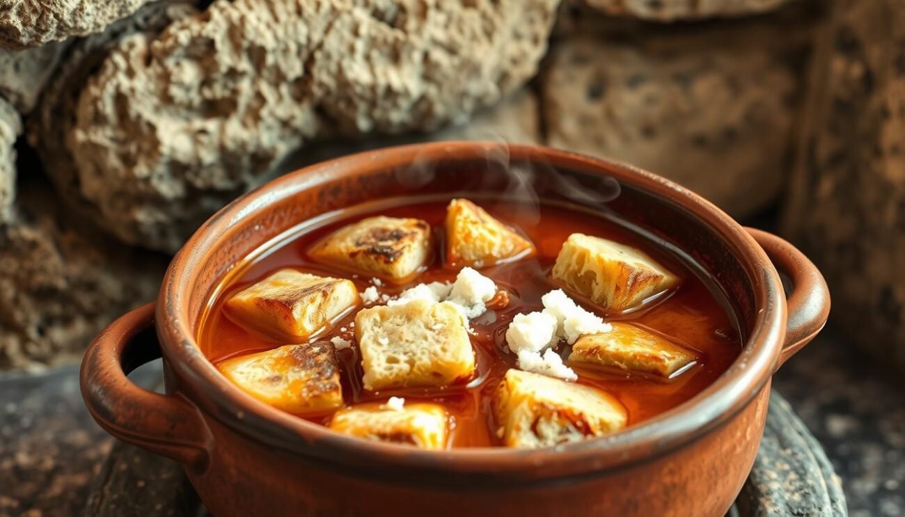A rustic ceramic bowl filled with a hearty broth, dotted with chunks of savory Sardinian bread and sprinkled with crumbles of aged sheep's milk cheese. The steam rising gently, casting a warm, comforting glow. The scene is set against a backdrop of weathered, stone walls, evoking the timeless essence of Sardinian tradition. Soft, natural lighting illuminates the simple, yet delectable presentation of this iconic regional dish, "Zuppa Gallurese". The image conveys the authentic, homespun flavors and the enduring culinary heritage of this island delicacy.