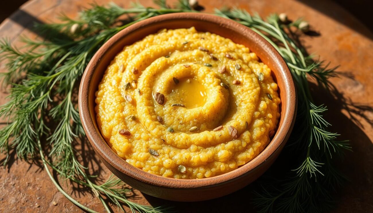 A rustic clay bowl filled with a hearty Frascatula, a traditional Sicilian polenta dish made with a blend of ground maize, toasted fennel seeds, and wild herbs. The polenta has a golden hue and a coarse, grainy texture, glistening with a light coating of olive oil. Surrounding the bowl are sprigs of fresh fennel fronds, their feathery leaves casting delicate shadows across the earthy ceramic surface. The scene is illuminated by warm, diffused natural light, evocative of a sun-dappled Sicilian kitchen garden. The overall mood is one of simple, homespun comfort and the rich culinary heritage of the Italian island.