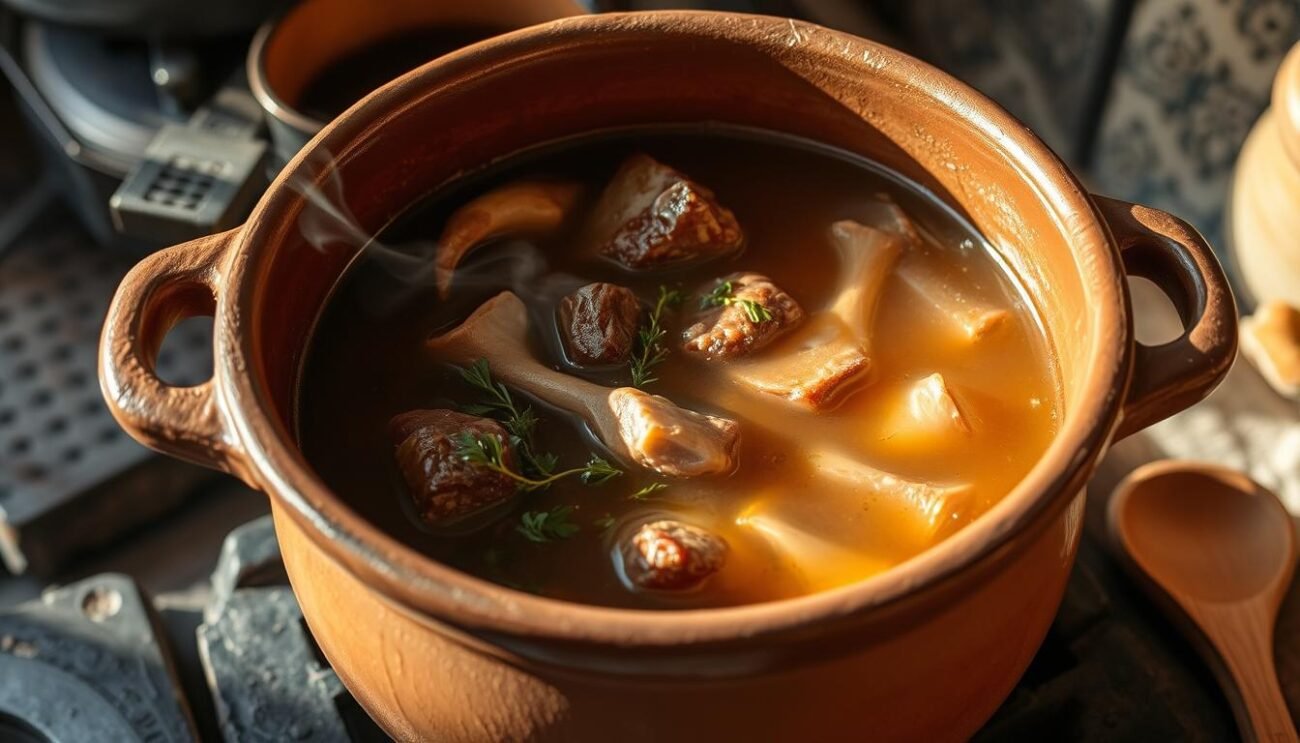 A rustic clay pot simmers on a wood-burning stove, releasing the aromatic steam of a traditional brodo, or broth, from the Abruzzo region of Italy. Tender beef shanks and chicken bones mingle with fragrant herbs, garlic, and a hint of tomato, creating a rich, nourishing liquid that gently bubbles. The light dances across the surface, casting warm reflections that evoke the comforting, homespun atmosphere of an Italian kitchen. A simple wooden ladle rests nearby, ready to serve this time-honored elixir, a cornerstone of the local cuisine and a vital component in the preparation of the beloved scrippelle 'mbusse. A rustic clay pot simmers on a wood-burning stove, releasing the aromatic steam of a traditional brodo, or broth, from the Abruzzo region of Italy. Tender beef shanks and chicken bones mingle with fragrant herbs, garlic, and a hint of tomato, creating a rich, nourishing liquid that gently bubbles. The light dances across the surface, casting warm reflections that evoke the comforting, homespun atmosphere of an Italian kitchen. A simple wooden ladle rests nearby, ready to serve this time-honored elixir, a cornerstone of the local cuisine and a vital component in the preparation of the beloved scrippelle 'mbusse.