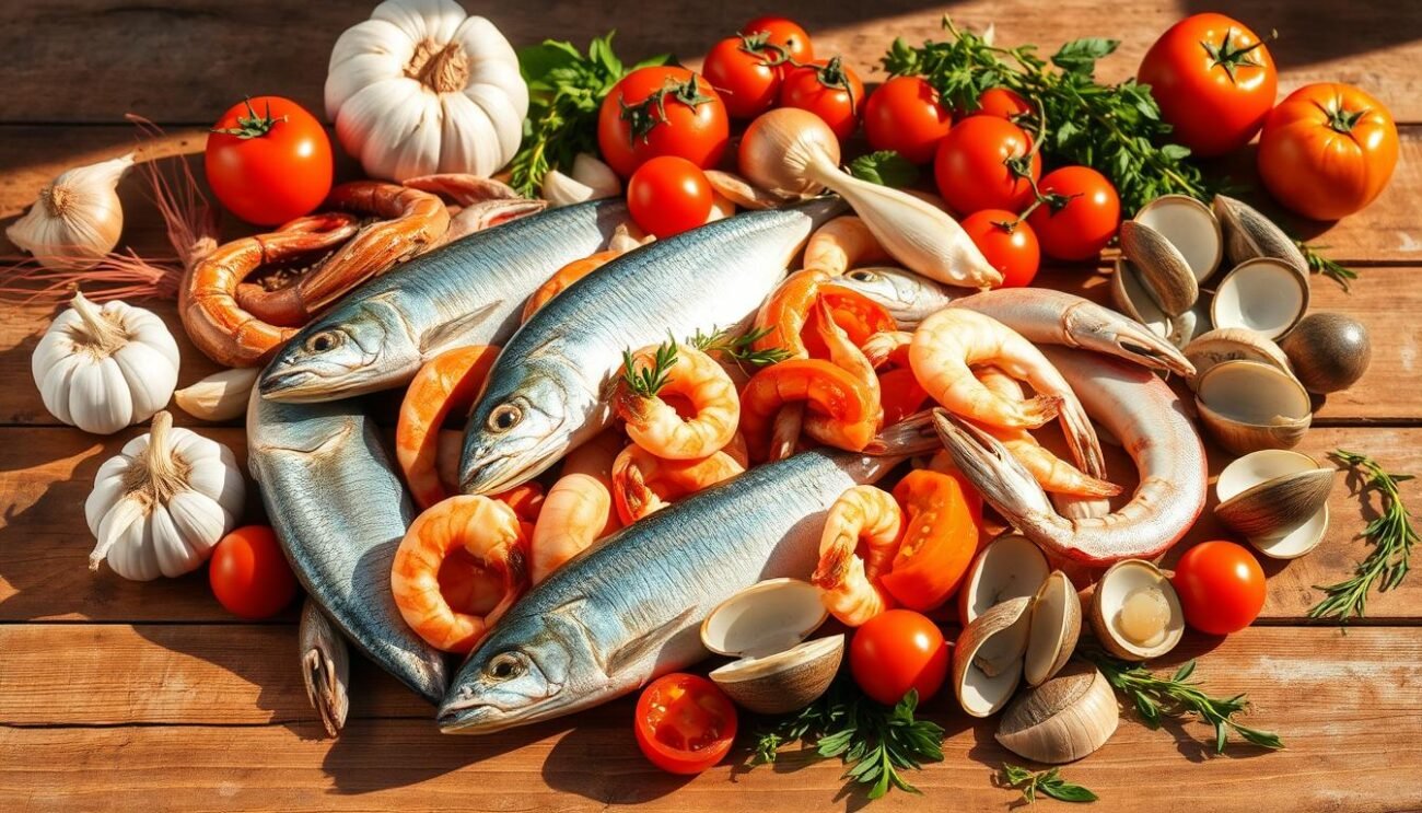 A rustic, coastal still life featuring the vibrant ingredients of the iconic Cacciucco alla Livornese seafood stew. On a wooden table, arrange a mix of fresh whole fish, shrimp, calamari, and clams, alongside aromatic garlic, onions, tomatoes, and fragrant herbs. Use natural warm lighting to cast dramatic shadows, highlighting the textures and colors of the seafood and produce. Compose the scene with a sense of casual, authentic Italian charm, evoking the hearty, soulful essence of this traditional Tuscan dish.