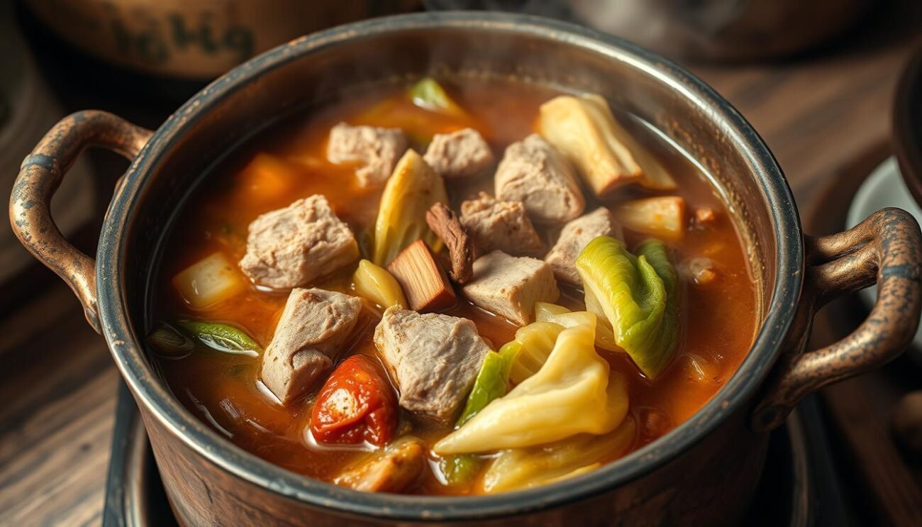 A rustic copper pot filled with the hearty winter dish of Cassœula Milanese, a traditional Lombard stew featuring savory pork and cabbage. Thick, rich broth simmers with aromatic herbs and spices, creating an inviting aroma that fills the cozy kitchen. Tender chunks of pork and savory cabbage leaves mingle in the pot, the deep colors and textures contrasting beautifully. Soft, golden light cascades over the scene, highlighting the simmering contents and the worn, weathered cookware. The image evokes the comforting flavors and homespun traditions of this classic Italian comfort food. A rustic copper pot filled with the hearty winter dish of Cassœula Milanese, a traditional Lombard stew featuring savory pork and cabbage. Thick, rich broth simmers with aromatic herbs and spices, creating an inviting aroma that fills the cozy kitchen. Tender chunks of pork and savory cabbage leaves mingle in the pot, the deep colors and textures contrasting beautifully. Soft, golden light cascades over the scene, highlighting the simmering contents and the worn, weathered cookware. The image evokes the comforting flavors and homespun traditions of this classic Italian comfort food.